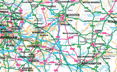 Midlands road map centred on Nuneaton showing the M6, M1, M40, M42, M69 and M5